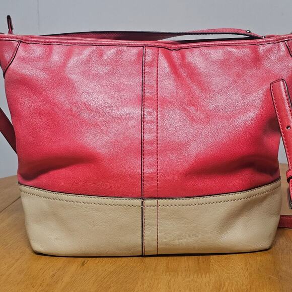 Coach Leather Coral-Red Sand Tan Hampton Weekender Hobo Bag Travel Vacation - Picture 4 of 10